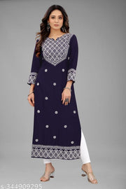 Women Embroidered Cotton Rayon Straight Kurta  (navy Blue)