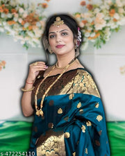 Women’s Soft Banarasi Silk Saree New Collection Sarees With Blouse Piece Peacock Blue