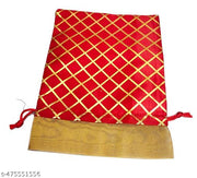 3A FEATURETAIL 13Cm X 18Cm 10pc Red Color Golden Berfi Print Small Drawstring Bags Pouches Potli For Gift, Jewelry, Dryfruits & Candy