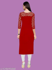 Casual American Crepe And Rasal Net Round Neck And 3/4 Sleeves Stylish Kurti For Womans