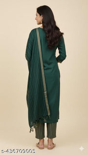 Women’s Deep Green Slub Cotton Kurta Set with Sequin Work and Striped Trousers....