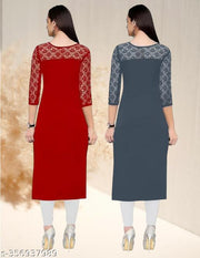 Pack of 1 Casual American Crepe And Net Round-Neck 3/4 Length Sleeves Red & Grey Kurti (42"Inches)