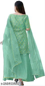 Women's Beautiful Rayon Printed Round Neck Kurta And Sharara With Net Dupatta Set
