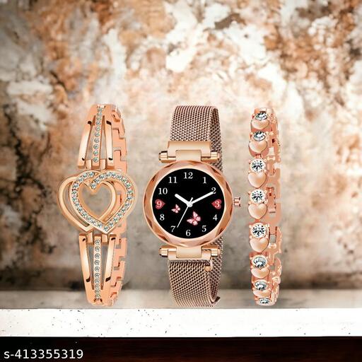 Girls Magnetic Watch With Dual Heart Bracelet Combo