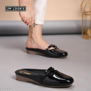 JM Looks Women's Glossy Patent Slip-On Mules with Bow Detail Flat Sandal Comfortable Cushion Footbed for Office Party & Casual Wear- Black