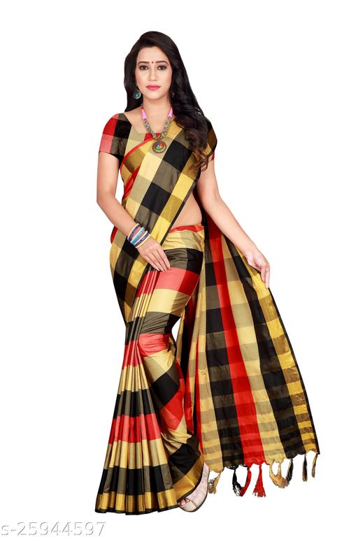 Fabric: Silk texture for a rich look Design: Eye-catching checked pattern Border: Subtle yet attractive metallic gold detailing Occasion: Suitable for weddings, festivals, parties, and traditional events Finish: Soft sheen with premium quality weaving