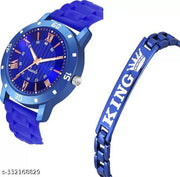 BEST Quality Best Price Roman Blue Dial Stylish Causal  Blue PU Strap Watch For Boys And men Watch With Bracelate