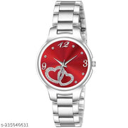 HRV Red Double Heart Dial Metal Silver Belt Girls watch