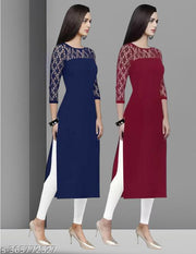Pack of 1 Casual American Crepe And Net Round-Neck 3/4 Length Sleeves Navy Blue & Maroon Kurti (42"Inches)