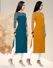 Pack of 1 Casual American Crepe And Net Round-Neck 3/4 Length Sleeves Rama & Yellow Kurti (42"Inches)