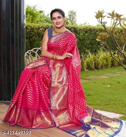 Attractive & Beautiful Soft Kanjivaram silk fabric banarasi style self designed zigzag saree with zari woven border & unstitched blouse