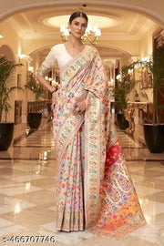 Rajwadi Pashmina White Floral Silk Saree banarasi Silk Saree