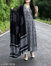 Black Premium Printed Designer Anarkali Embroidery Women Rayon Kurta With Pant And Cotton Dupatta