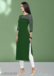 Polyster/Crepe fabric-Casual And Round-Neck 3/4 Length Sleeves Dark Green Kurti (42"Inches)