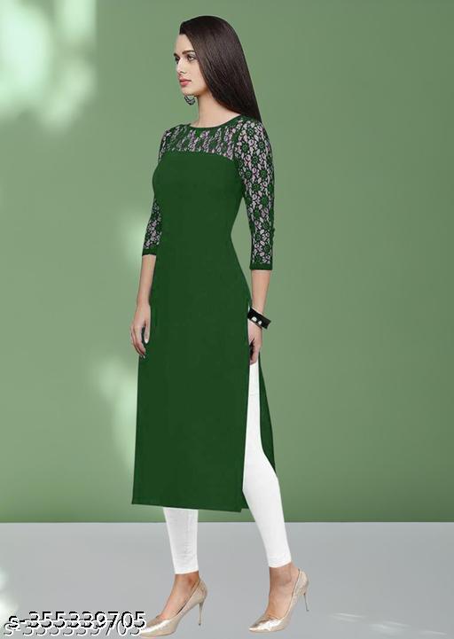 Polyster/Crepe fabric-Casual And Round-Neck 3/4 Length Sleeves Dark Green Kurti (42"Inches)