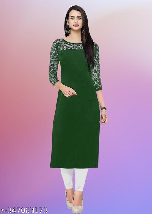 Casual American Crepe And Net Round-Neck 3/4 Length Sleeves Dark Green Kurti (45"Inches)