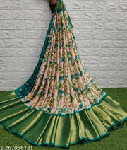 Brasso Moss Chiffon Kalamkari Floral Printed Saree With Contrass Blouse