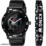 Pu Strap Analog Avenger Ptinted Dial Watch with King Bracelet Combo Set for Boy's and Men's Watches" (Black)