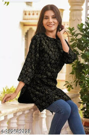 Black Short Kurti, Printed Rayon Kurti For Women, 3/4 Sleeves Kurti for Women & Girls, Party Wear Kurti for Women