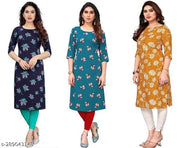 Women's Aline Straight Crepe Regular Fit Kurti (Pack Of 3 Pcs)