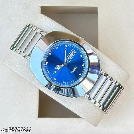 Vintage Radd Design Day & Date Working Display Blue Dial| Silver Plated | Studded | 3D Cut Glass | Stainless Steel Chain | Analog Watch For - Men