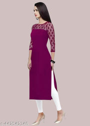 Casual American Crepe And Net Round-Neck 3/4 Length Sleeve Purple Kurti (45"Inches)