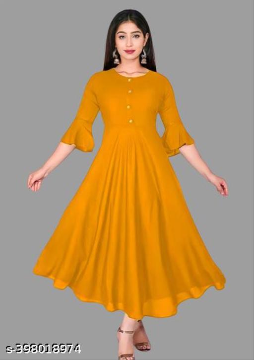 Stylis Fit and Flared New Fashionable Women Casual Solid Round Neck Anarkali Rayon Kurta (Mustard)