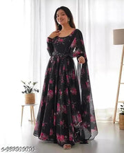 Flower Printed Long Gown with Dupatta (No Bottomwear)