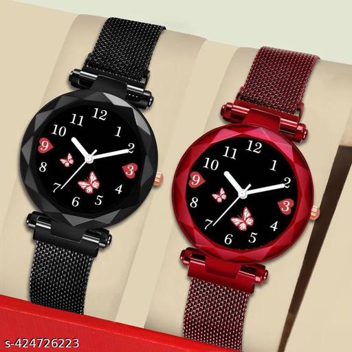 Analog Watch - For Girls Pack Of 2  Dial Black And Gold Magnetic Strap Woman