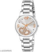 HRV Rose Gold Double Heart Dial Metal Silver Belt Girls watch