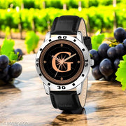 Femeo  Watches 9108 Analog Round Black Dial G Design Stylish Black Leather Strap Classic Design Fancy Wrist Watch for Men and Boys, Pack of 1 - A07ZALPHA-G-AVO-SIL-BLK-L