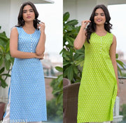 Women Stylish Rayon Fabric Slevless kurta 2 pic Combo(blue and pink)