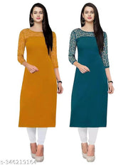 Pack of 1 Casual American Crepe And Net Round-Neck 3/4 Length Sleeves Yellow & Rama Kurti (45"Inches)