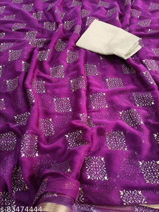 AnyTime's  Poly Chiffon Purple Lace border Saree With Blouse