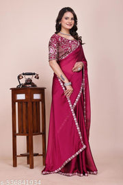 Women's Wine Heavy Embroidered Silk Saree with Cutwork Border & Figure Designer Blouse Piece