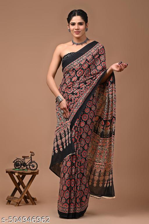 Traditional Women's Summer Special Jaipuri Hand Block Ajrakh Printed Pure Cotton Mulmul Saree with Unstitched Blouse Piece | best for office wear | best for onam | best for festivel