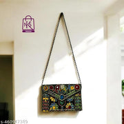 NAKASA Women's Jaipuri Handmade Damru Embroidery Small Black Clutch Cum Sling Bag