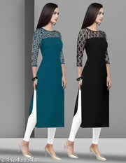 Pack of 1 Casual American Crepe And Net Round-Neck 3/4 Length Sleeves Rama & Black Kurti (42"Inches)