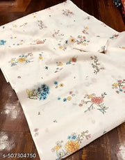 linen cotton printed white color saree
