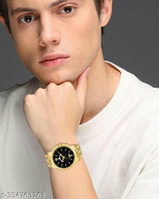 OHHO Original Gold Plated Steel Bracelet Belt & Day-Date Function Black Dial Analog Watch  - For  Men's-Boy's-Gent's