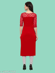 Casual American Crepe And Net Round-Neck 3/4 Length Sleeve Red Kurti (45"Inches)