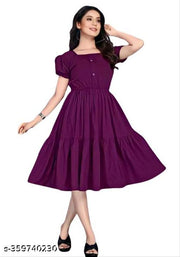 Women Rayon Solid A-Line Flared Kurti | Stylish Puff Sleeve One Piece Dress| Party Wear Dress Under 199 | Wine