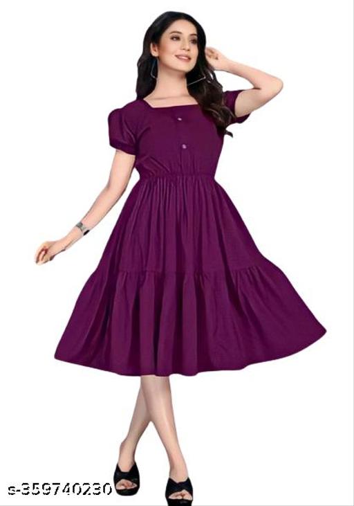 Women Rayon Solid A-Line Flared Kurti | Stylish Puff Sleeve One Piece Dress| Party Wear Dress Under 199 | Wine