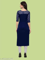 Casual American Crepe And Net Round-Neck 3/4 Length Sleeve Navy Blue Kurti (45"Inches)