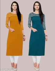 Pack of 1 Casual American Crepe And Net Round-Neck 3/4 Length Sleeves Yellow & Rama Kurti (42"Inches)