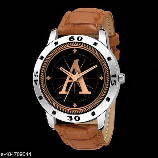 Talgo Analog Round Black Dial ALPHABET A Design Stylish Beige Leather Strap Classic Design Fancy Wrist Watch for Men and Boys, Pack of 1 - ALP-A-AVO-SIL-TAN-CRL