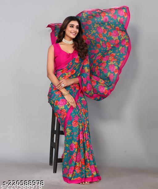 Women's Desinger Georgette Floral Printed Saree with Blouse Piece