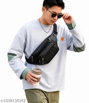 Men's Black Leather Waist Bag Multipocket Fanny Pack Adjustable Belt Bag Travel Waist Pouch Crossbody Sling Bag with Zipper Compartments for Travel, Outdoor, Hiking, Running, Cycling and Daily Use