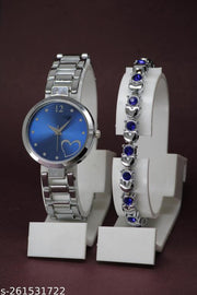 BUY 1 GET 1 FREE -Best Quality Ethnic Silver Metal Chain Belt Analog Watches for Women with Gorgeous Diamond Cosmic Bracelet for Girls
