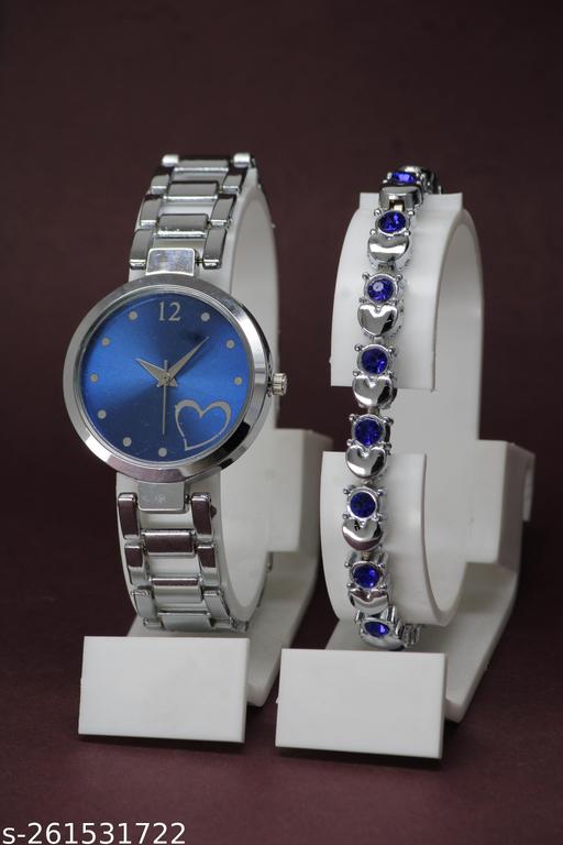BUY 1 GET 1 FREE -Best Quality Ethnic Silver Metal Chain Belt Analog Watches for Women with Gorgeous Diamond Cosmic Bracelet for Girls